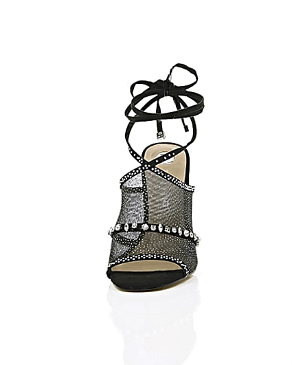 360 degree animation of product Black diamante embellished tie up sandals frame-3