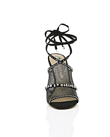 360 degree animation of product Black diamante embellished tie up sandals frame-4