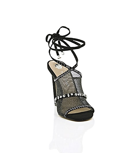 360 degree animation of product Black diamante embellished tie up sandals frame-5