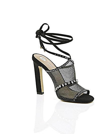 360 degree animation of product Black diamante embellished tie up sandals frame-7