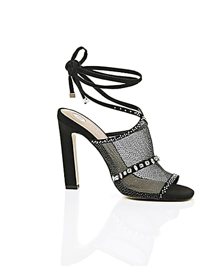 360 degree animation of product Black diamante embellished tie up sandals frame-8