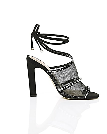 360 degree animation of product Black diamante embellished tie up sandals frame-9