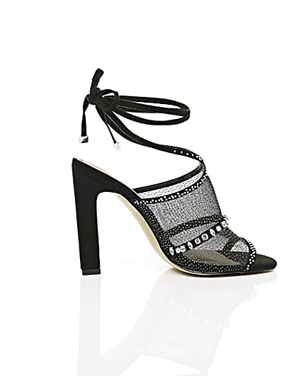 360 degree animation of product Black diamante embellished tie up sandals frame-10