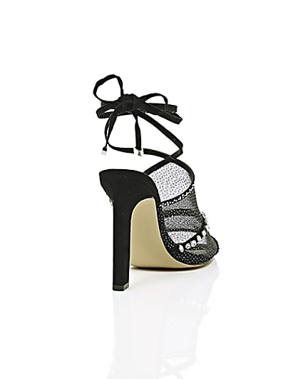 360 degree animation of product Black diamante embellished tie up sandals frame-14