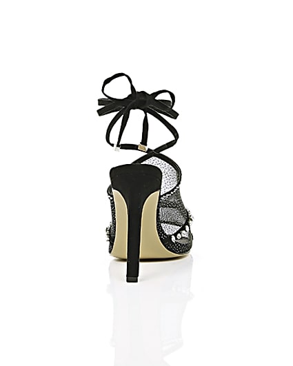 360 degree animation of product Black diamante embellished tie up sandals frame-15