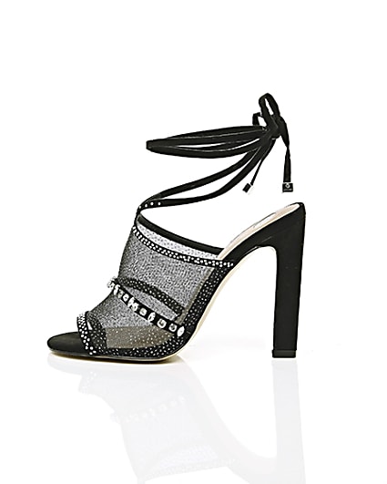 360 degree animation of product Black diamante embellished tie up sandals frame-21
