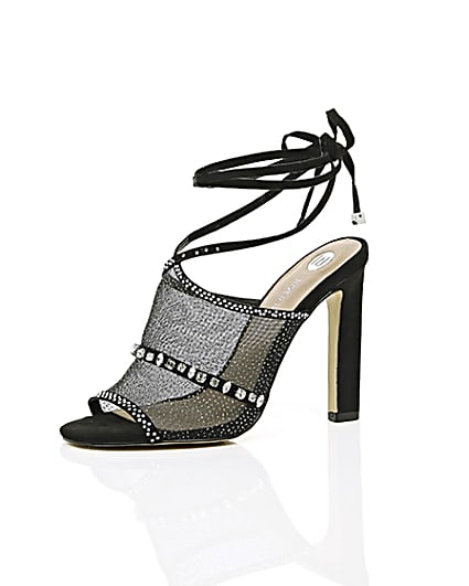 360 degree animation of product Black diamante embellished tie up sandals frame-23
