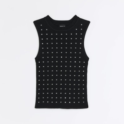 Black diamante embellished vest top River Island