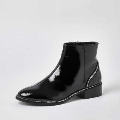 Black diamante heel flat ankle boots 