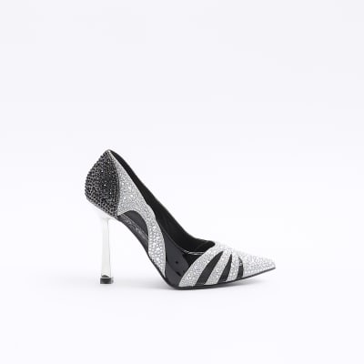 Black diamante heeled court shoes River Island