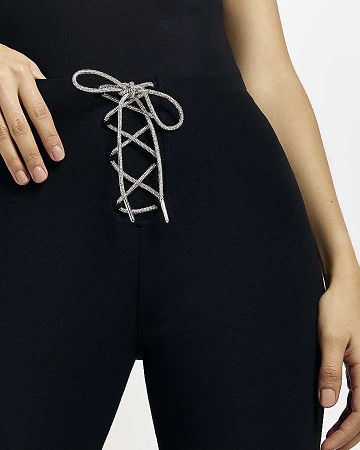Black diamante lace up leggings