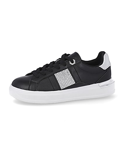 360 degree animation of product Black diamante lace up trainers frame-2