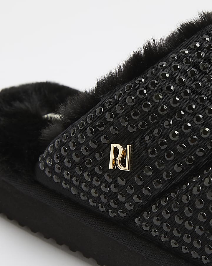 Black diamante puffer slippers