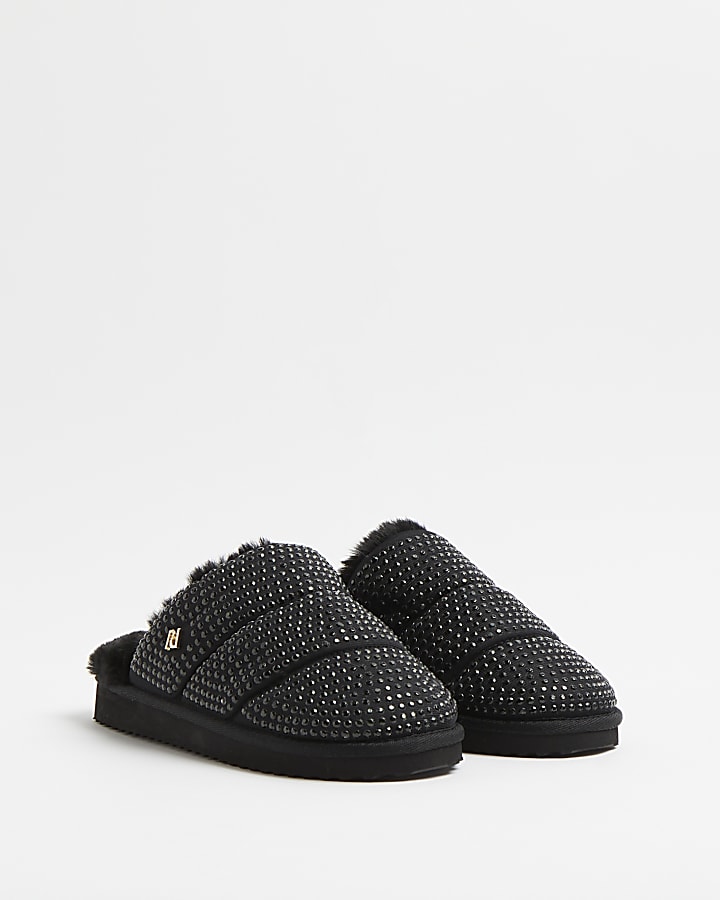 Black diamante puffer slippers