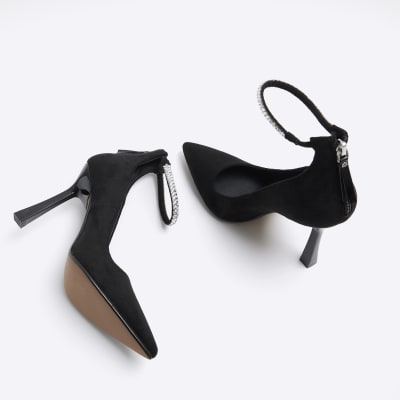 Black diamante strap heeled court shoes River Island