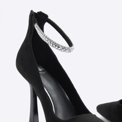 Black diamante strap heeled court shoes River Island