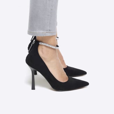 Black diamante strap heeled court shoes River Island