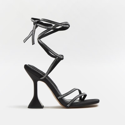 Black diamante strappy heels | River Island
