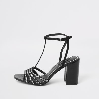 black t bar block heels