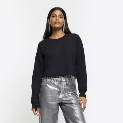 River Island Womens Black Diamante Trim Crop Sweatshirt