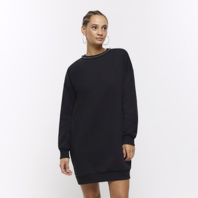 Black diamante trim sweatshirt mini dress | River Island