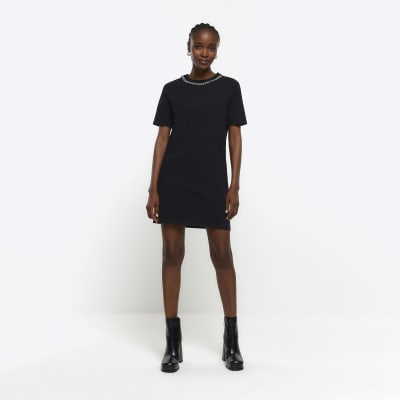 Black diamante trim t-shirt mini dress | River Island