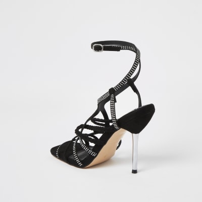 Black diamante tubular high heeled sandals