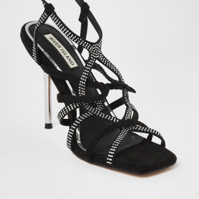 Black diamante tubular high heeled sandals
