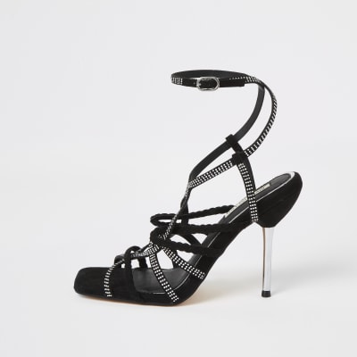 Black diamante tubular high heeled sandals River Island
