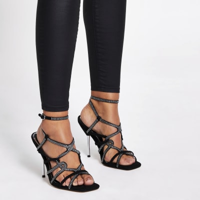 Black diamante tubular high heeled sandals