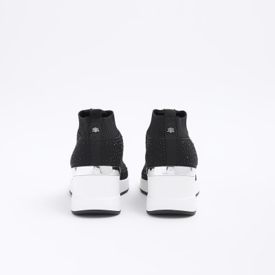 Black diamante wedge trainers River Island