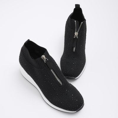 Black diamante wedge trainers River Island