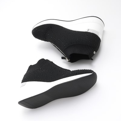 Black diamante wedge trainers River Island