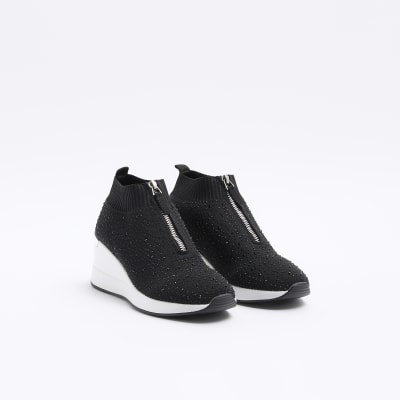 Black diamante wedge trainers | River Island