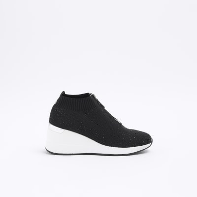 Black diamante wedge trainers River Island