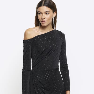 Black Diamante Wrap Bodycon Maxi Dress River Island