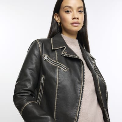 Black distressed faux leather biker jacket | River Island