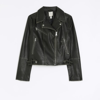 Black distressed faux leather biker jacket | River Island