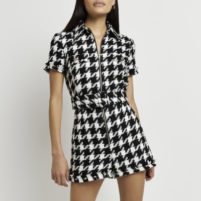 Black dogtooth boucle belted playsuit River Island