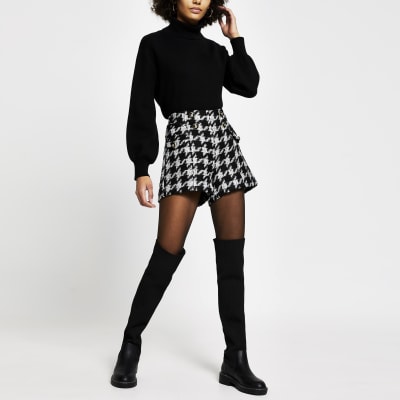 Black dogtooth boucle gold button shorts River Island