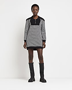 Black dogtooth half zip sweatshirt mini dress