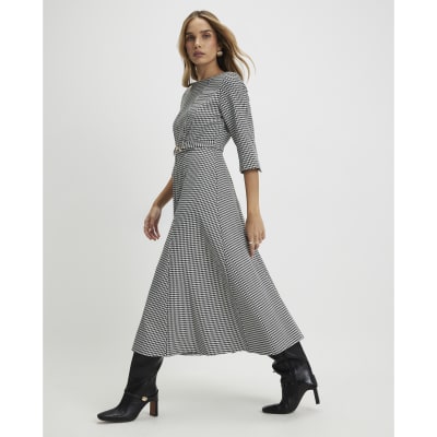 Black Dogtooth Print Belted Midi Dress