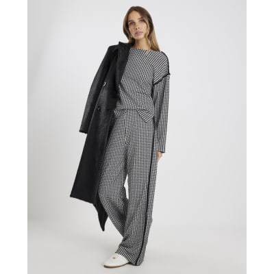 Black Dogtooth Print Pull On Trousers