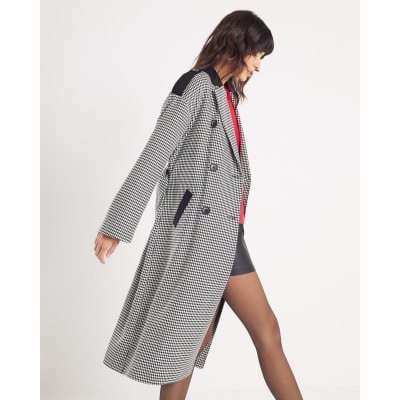Black Dogtooth Print Tailored Trench Coat