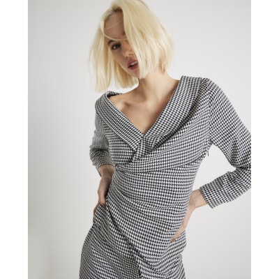 Black Dogtooth Wrap Asymmetric Top River Island