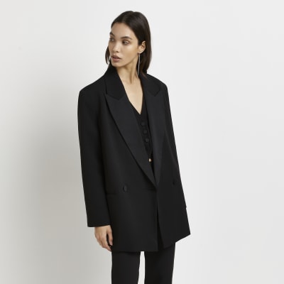 Black double breasted tuxedo jacket | River Island