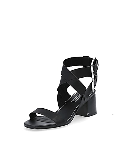 360 degree animation of product Black double buckle block heel sandals frame-0