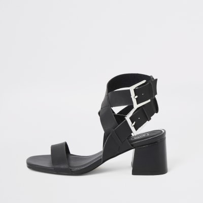 Black double buckle block heel sandals 