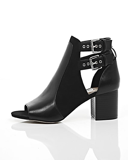 360 degree animation of product Black double buckle peep toe shoe boots frame-22