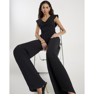 Black Double Collar Belted Jumpsuit